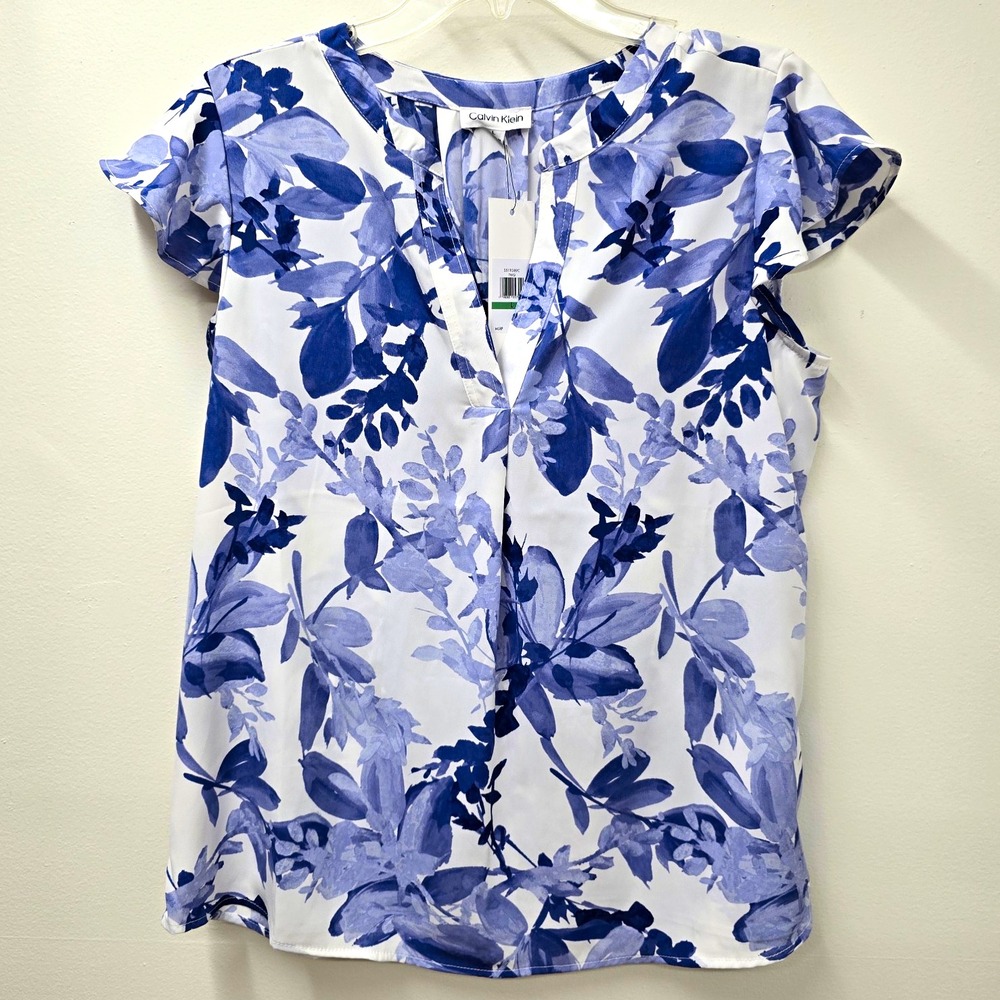 Calvin Klein Women's Floral V-Neck Cap Sleeve Pullover Blouse Blue/White L
